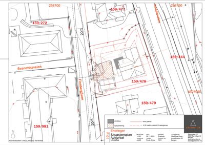 Situasjonsplan som viser tomtgrenser, naboeiendommer, veier og planlagt utvidelse av en tomt.
