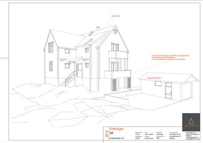 3D-visualisering av en bygning med markerte endringer (nye vinduer, takrenne, garasje) og tekstforklaringer.
