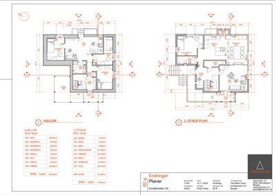 Plantegning som viser romfordeling og mål for kjeller og 1. etasje i en bygning.