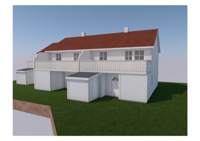 3D-visualisering av et toetasjes hus med garasje, balkong og flere småbygninger (kariporter) på en grønn tomt.