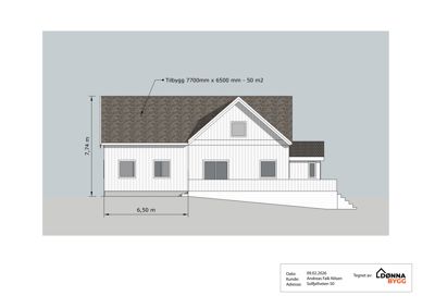 Fasadetegning av en bolig med mål og en tilbygg-merknad