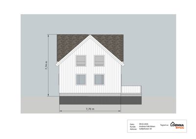 Fasadetegning av en bolig sett fra fronten med mål på høyde og bredde.