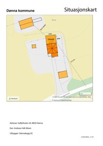 Situasjonskart som viser bygningens plassering på tomten i forhold til nabolag og veier.