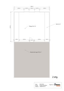 Etasjeplan for 2. etasje som viser romfordeling, mål og areal for 'Tilbygg' og 'Eksisterende bygg'.