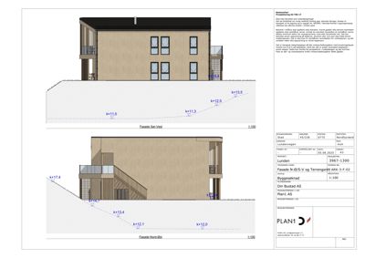 Fasadetegning som viser bygningens utseende fra to vinkler (Sør-Vest og Nord-Øst) med høydemål og terrengforhold.
