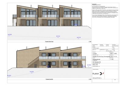 Fasadetegning som viser bygningens utseende fra to vinkler (Nord-Vest og Sør-Øst) med høydemål og arkitektoniske detaljer.