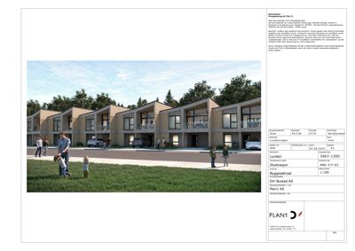 3D-visualisering (rendering) av et boligprosjekt med mennesker og biler for å illustrere skala og bruk.