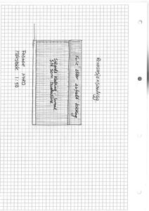 En håndtegnet fasadetegning (opprikk) som viser en planlagt fasadeoppgradering med asfaltteking og stående kledning.