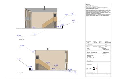 Fasadetegning som viser oppriss av bygningens nord- og sørfasade med høydemålinger (k=...) og detaljer om tak og vinduer.