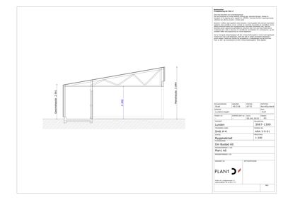 Snittegning som viser tverrsnittet av en skråtakskonstruksjon med angitte høyder (2,541 m og 3,944 m) og en vinkel på 1:100.