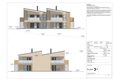 Fasadetegning som viser bygningens utseende fra øst og vest, med høydemål og arkitektoniske detaljer.