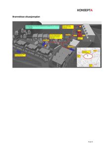 En 3D-visualisering (rendering) av en bygning sett fra luften, som viser plassering av brannutstyr og tilknyttede anlegg.
