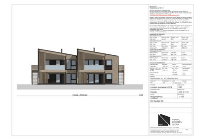 Fasadetegning som viser bygningens utseende fra nordvest, med detaljer om areal, høyder og konstruksjon.
