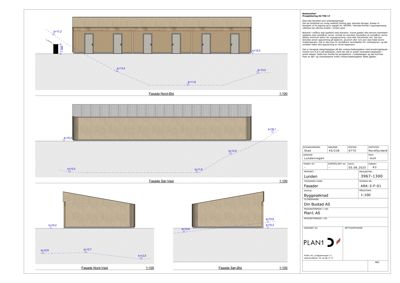 Fasadetegning som viser bygningens utseende fra fire ulike vinkler (Nord-Øst, Sør-Vest, Nord-Vest og Sør-Øst) med høydemål.