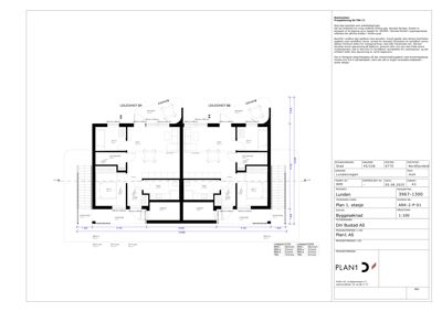 Etasjeplan (1. etasje) som viser romfordeling for to leiligheter (D1 og D2) med mål og romnavn.