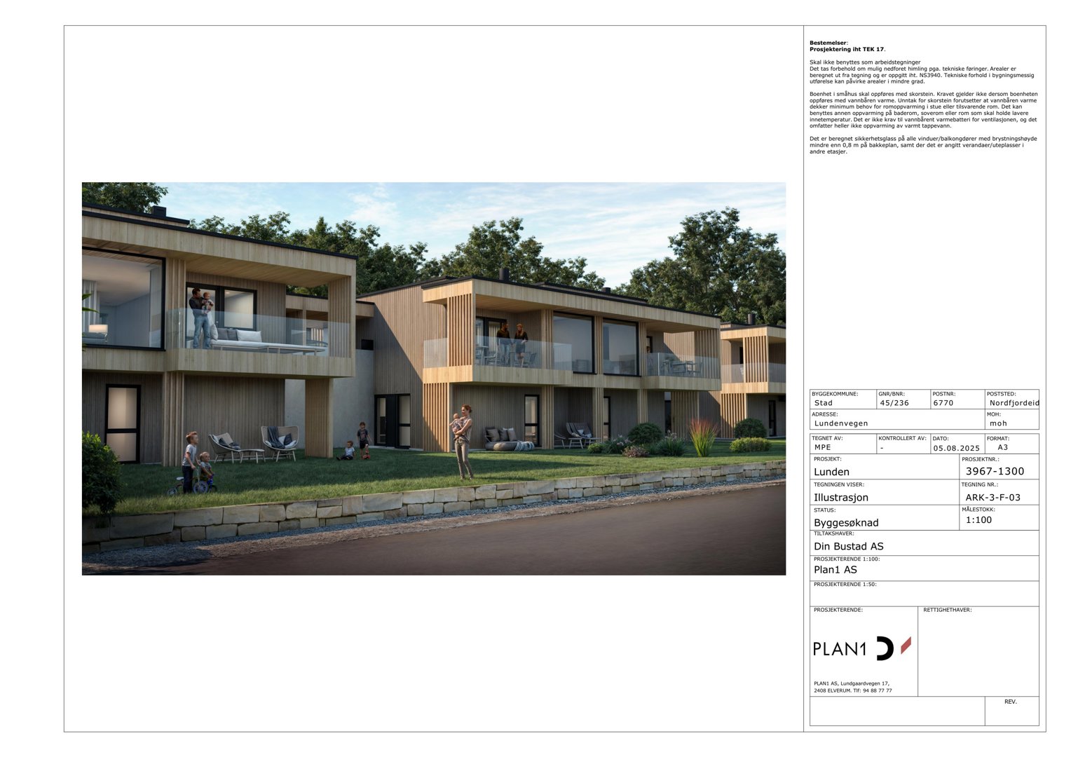 3D-visualisering (rendering) av et boligprosjekt med tekstbeskrivelse og tegningsinformasjon.