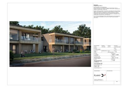 3D-visualisering (rendering) av et boligprosjekt med tekstbeskrivelse og tegningsinformasjon.