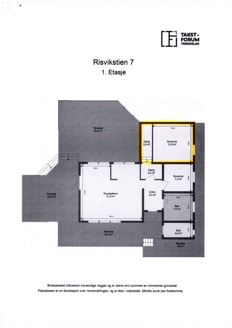Etasjeplan (1. etasje) for Risvikstien 7, som viser romfordeling, arealer og terrasser.