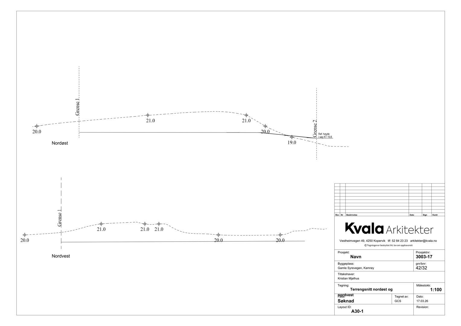 Snittegning som viser terrengprofilen (høydekurver) for området nordvest og nordøst for bygningen.