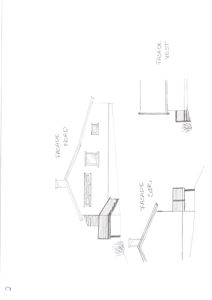 En håndtegnet fasadetegning som viser oppriss av bygningen sett fra fire sider (Nord, Sør, Øst og Vest).