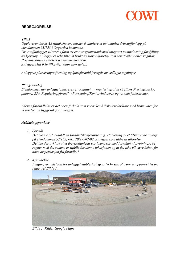 Fotografi av en eksisterende grusdekke med kjøreforhold for et planlagt drivstoffanlegg.