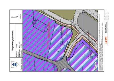 Reguleringsplankart som viser tomtedeling, arealbruk og infrastruktur for et område i Øygarden kommune.