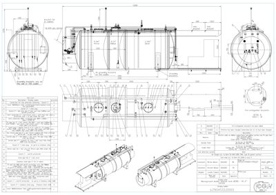 En teknisk detaljtegning som viser konstruksjonen og dimensjonene til et gassbeholderanlegg, inkludert festeanordninger og tilkoblinger.