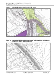 Bildet viser to eksempler på reguleringsplaner (kart) som illustrerer arealbruk, vegforløp og sikringssoner i et terreng.