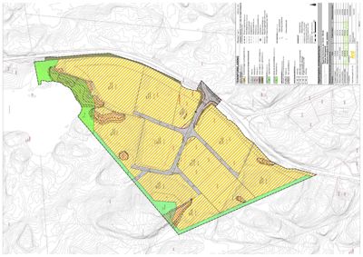 Situasjonsplan som viser et tomt med topografiske kurver, planlagt vei- og arealoppdeling (gult skravert), samt bevaringsverdige områder (grønt).