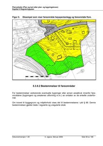 Et kart som viser et eksempel på fareområder (høyspentanlegg og flom) i et område med topografi og eksisterende bygninger.