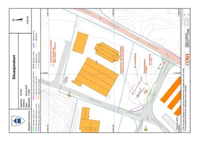 Situasjonskart som viser tomtens beliggenhet, eksisterende og planlagte bygninger, veier, og topografi.