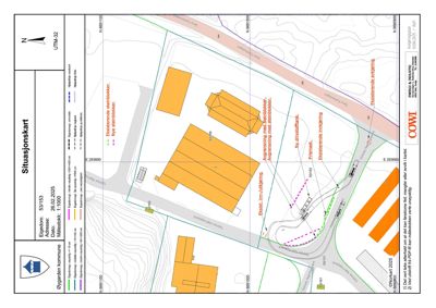 Situasjonskart som viser tomtens beliggenhet, eksisterende og nye bygninger, veier og topografi.