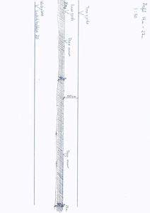 En håndskrevet tegning som viser et tverrsnitt av en mur eller konstruksjon med angitte mål (f.eks. 27 m, 100 cm) og merknader om 'Topp gjerde', 'Bunn gjerde' og 'Luftutholdelse'.