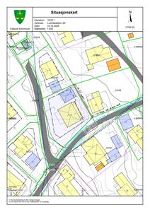 Situasjonskart som viser eiendomsnummer, adresse, dato, målestokk og bygningsplassering i forhold til veier og naboeiendommer.