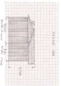 Håndtegnet fasadetegning (oppriss) av en bygning sett fra sør, med angitte mål og takhelling.