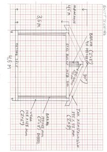 En håndtegnet detaljtegning av en takkonstruksjon med angitte dimensjoner og materialer (f.eks. BARKING, STÅL BALKER).