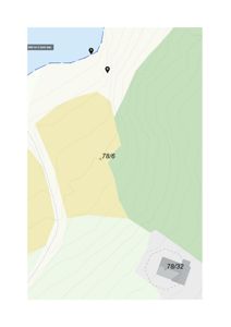 Situasjonsplan som viser topografi (høydekurver), vann, og tomtens plassering med arealnummer (78/6 og 78/32).