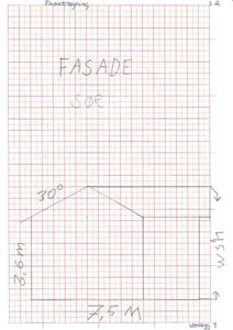 En håndtegnet fasadetegning (opprikk) av en bygning sett fra sør, med angitte mål og takhøyde.