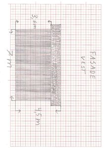 Håndtegnet fasadetegning (vest) med mål og teksturer for ulike materialer.