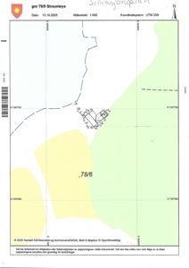 Situasjonsplan for gnr 78/9 Straumøya med bygningsplassering, vegforløp og arealbruk (grønn/gul farge).