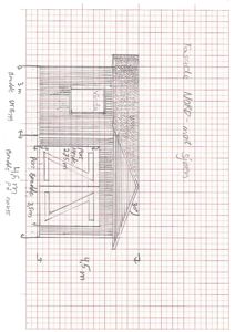 Håndtegnet fasadetegning (Nord-vest) med mål for port, vindu og vegger.