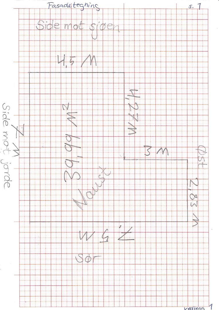 En håndskrevet fasadetegning på millimeterpapir som viser bygningens utforming sett fra øst, med angitte mål og retninger.