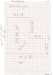 En håndskrevet fasadetegning på millimeterpapir som viser bygningens utforming sett fra øst, med angitte mål og retninger.