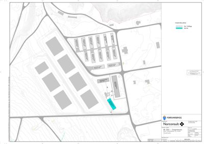 Situasjonsplan som viser tomtens topografi (konturlinjer), plassering av eksisterende og nye bygg, samt vegnett og tilknytning til omgivelsene.