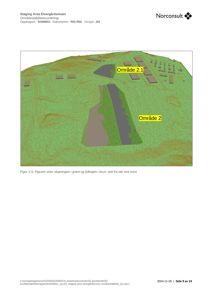 3D-modellering eller rendering av et terrengområde med markerte områder (Område 2.1 og Område 2) for skjøring og fylling, sett fra sør mot nord.