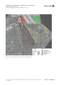 Kartutsnitt fra en miljøteknisk undersøkelse som viser planlagte tiltak (grunnundersøkelser) på en tomt. Kartet viser topografi, eksisterende bygninger og overlagte tiltaksområder.