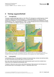 Dokumentet viser en rapport med tekster og fire innleste kart som viser terrengforhold, høydeforskjeller og løsmassekart for et prosjektområde.