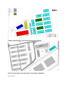 Bildet viser en situasjonsplan for et område med flere bygninger. Det er to versjoner av planen: en farget oversikt med en nøkkel (legende) og en svart-hvit versjon med detaljerte arealopplysninger (f.eks. 'Fornyingsfond').
