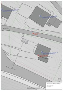 Situasjonsplan som viser tomtens beliggenhet i forhold til naboer (Eikelandshaugen 27, 29), høydemål (+186/1), og topografi.