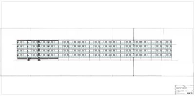 Fasadetegning som viser oppriss av en fleretasjes bygning sett fra siden.